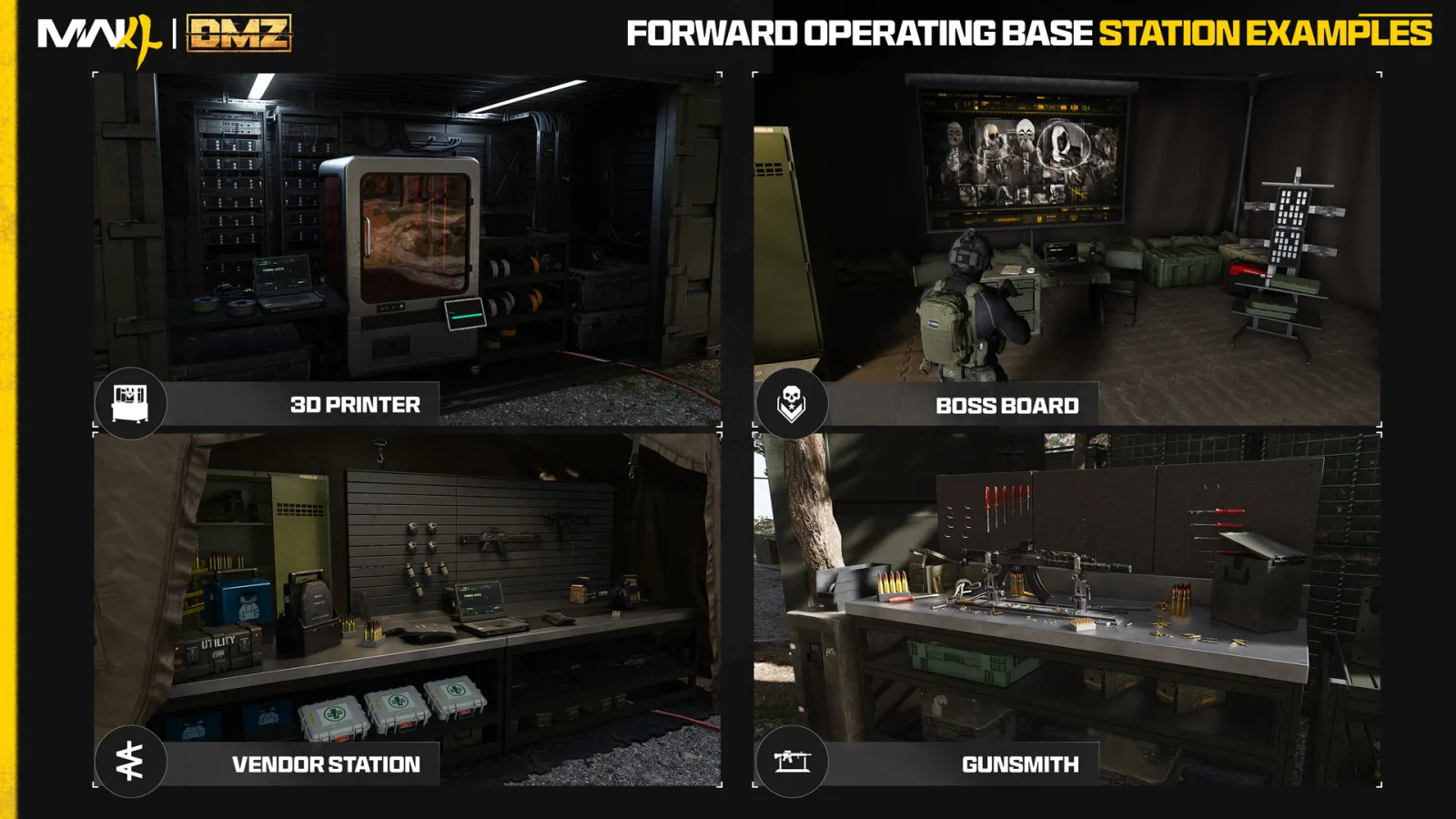 Official overview of four FOB stations in MW4 DMZ: 3D Printer, Boss Board, Vendor and Gunsmith