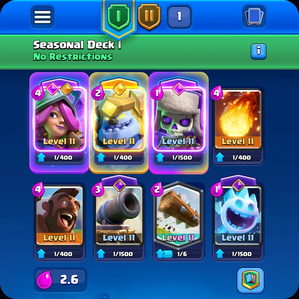 A Clash Royale Seasonal Deck I screen with eight cards and an average elixir of 2.6