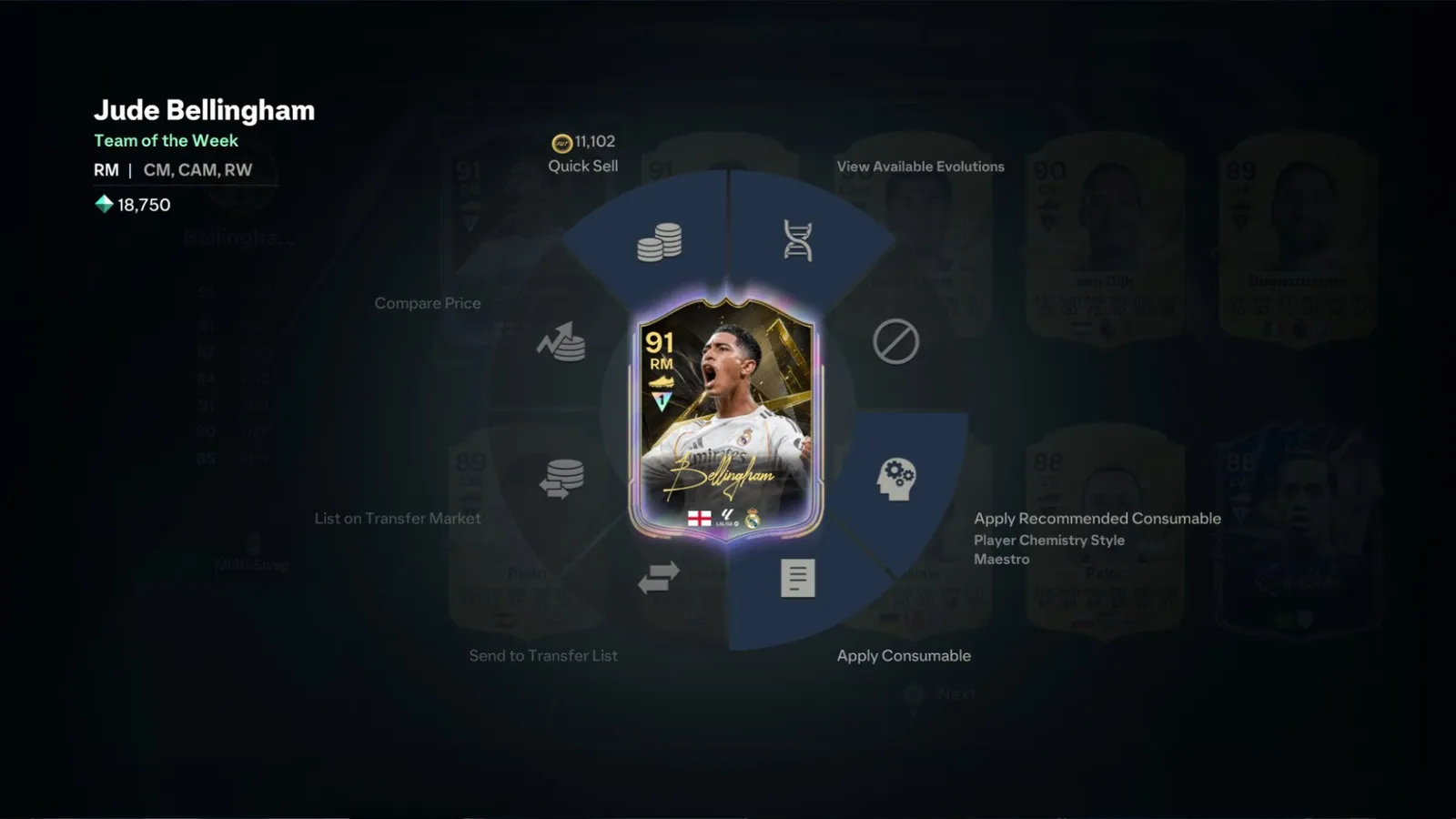 FC 27 Ultimate Team item menu with the option to view available Evolutions for a player