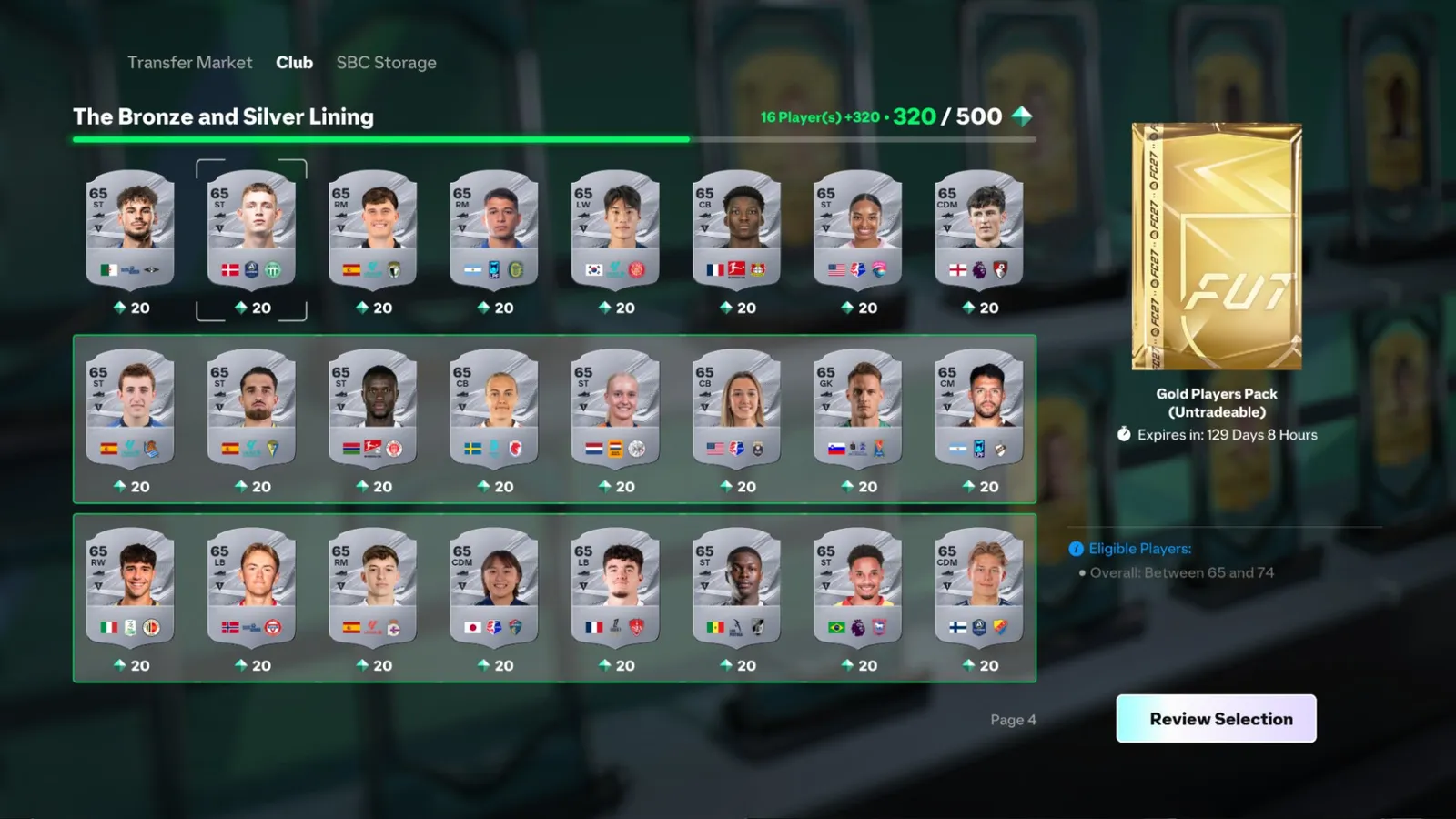 An FC 27 Streamlined SBC screen showing eligible club items and a progress bar toward the target score