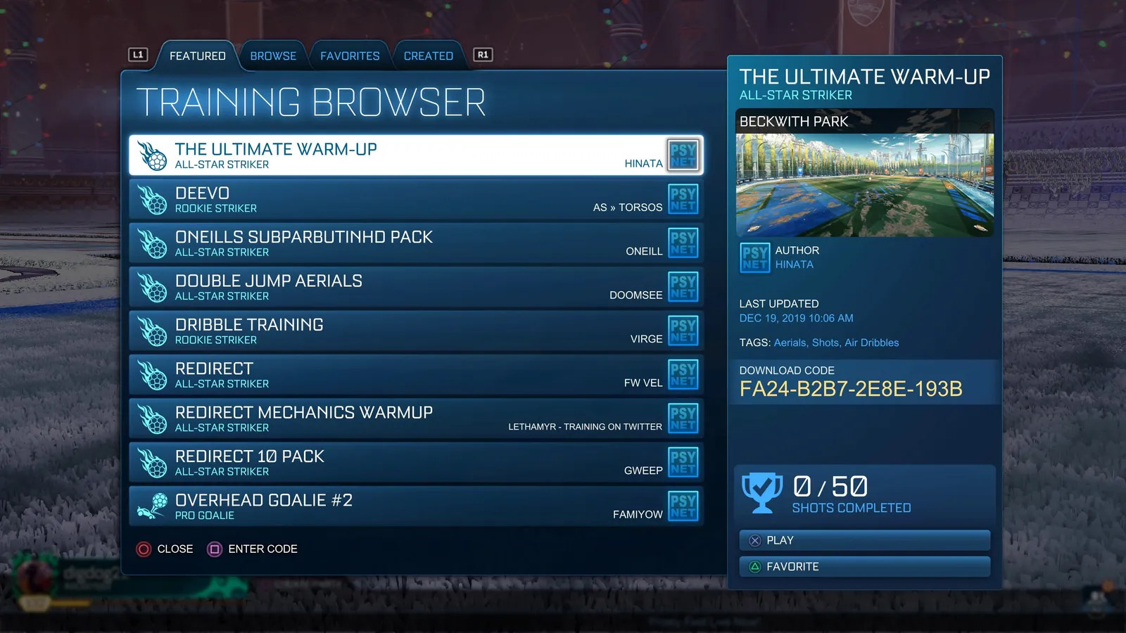 The Rocket League Training Browser listing the most played custom training packs of 2019, with the Enter Code button