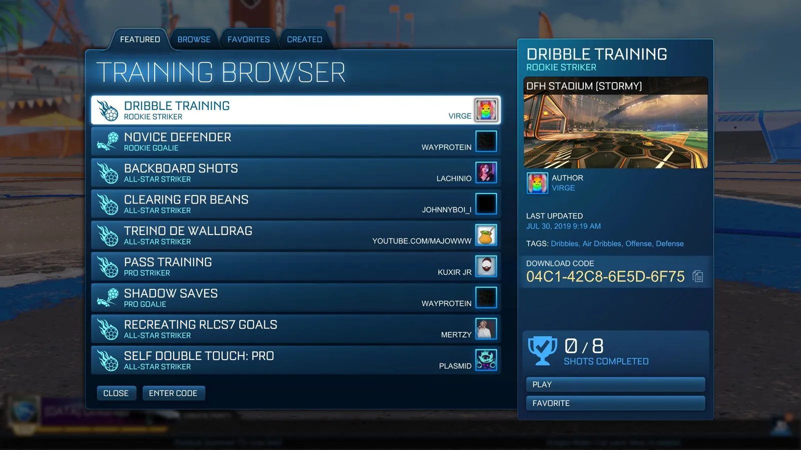 The Rocket League Training Browser featured tab from July 2019, showing Dribble Training, Novice Defender and Shadow Saves