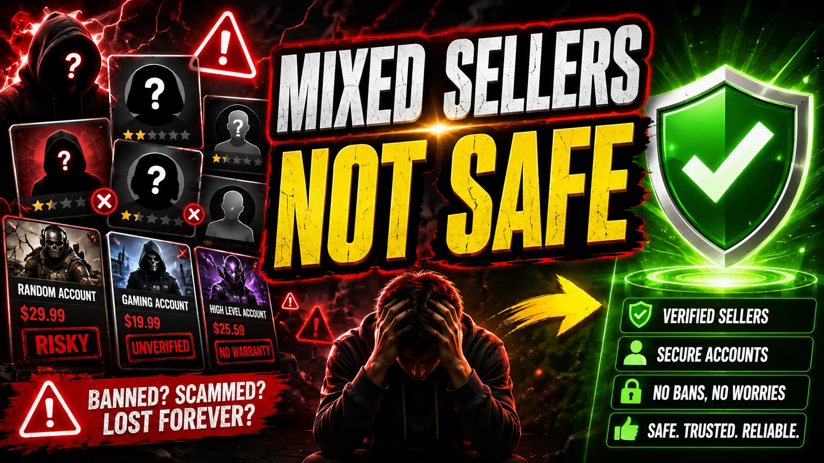 Illustration warning that mixed marketplace sellers can have different account histories and protections